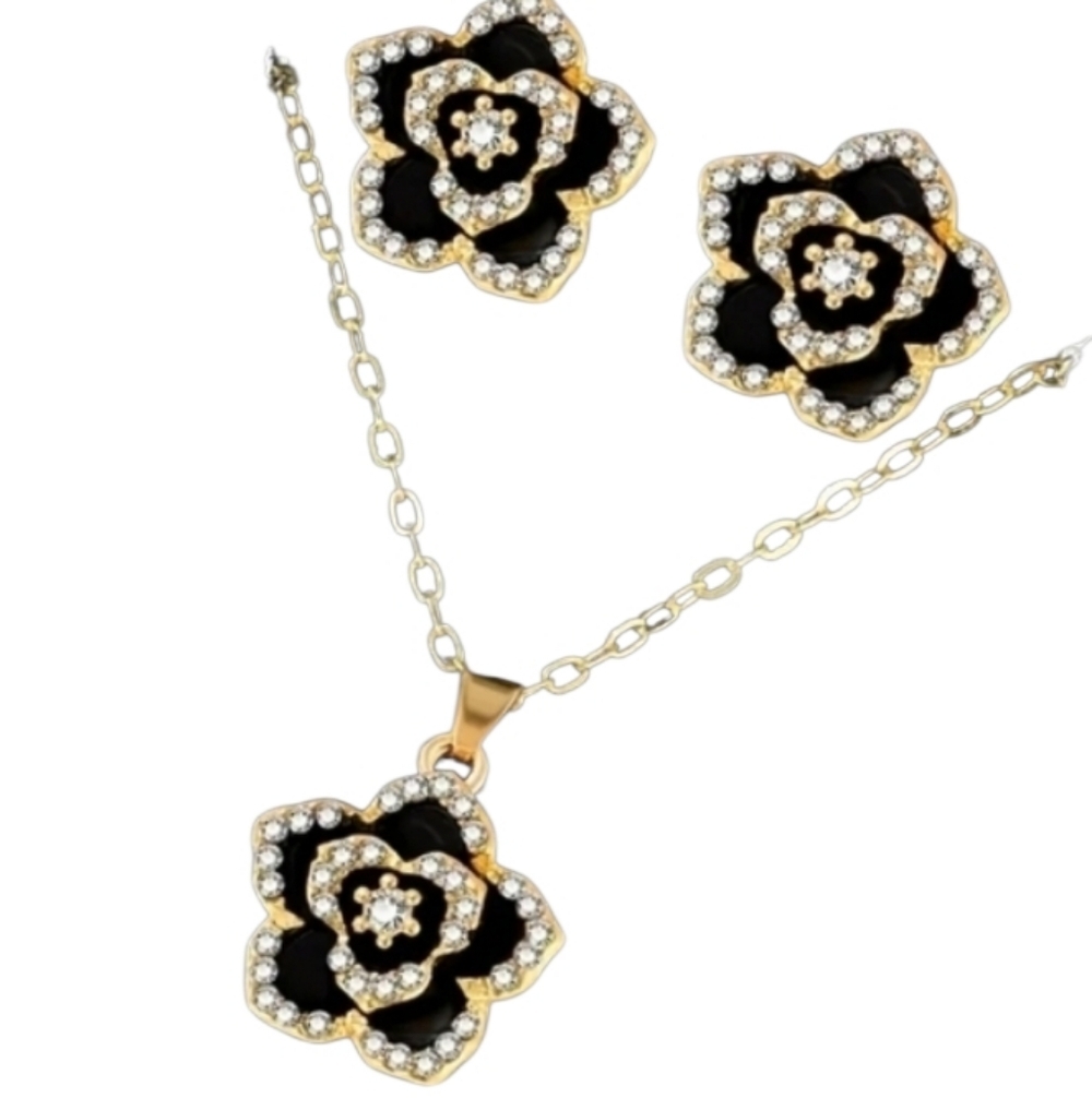 Black Gold Floral Necklace Earrings Jewelry Set